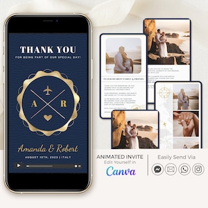 Navy Passport Thank You Card Wedding Animated, Destination Wedding Thank You Cards with Photo, Digital Thank You Cards Wedding Template