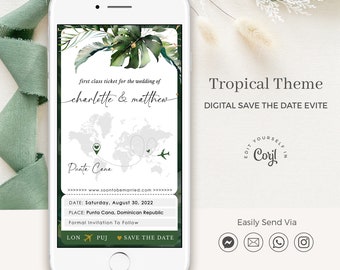 Palma | Tropical Save the Date Boarding Pass Template, Digital Save the Date Travel Theme, Destination Wedding Boarding Pass Invites