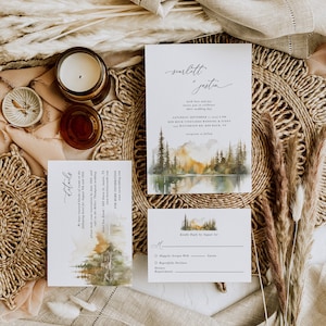 ARNA Lake Wedding Invitation Template Set, Fall wedding invitation Suite, Mountain Wedding Invitation, Forest Wedding Invitation Suite