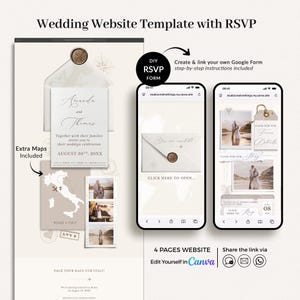 May include: A wedding website template with RSVP information displayed on a laptop and two smartphones. The design includes an invitation, map, and photos. Text includes "Wedding Website Template with RSVP", "Amanda and Thomas", and "Edit Yourself in Canva".