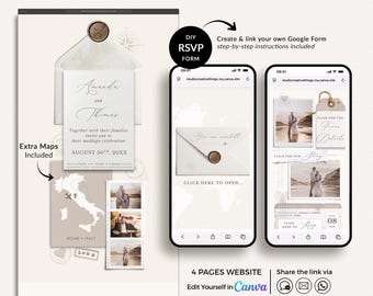 May include: A wedding website template with RSVP information displayed on a laptop and two smartphones. The design includes an invitation, map, and photos. Text includes "Wedding Website Template with RSVP", "Amanda and Thomas", and "Edit Yourself in Canva".