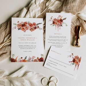 SCARLETT Boho Wedding Invitation Set, Burnt Orange Wedding Invitation Suite Template Download, Boho Fall Wedding Invitation Set with Rsvp