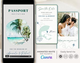Palm Tree Save the Date Video Invitation Template, Animated Save the Date Tropical, Passport Save the Date Digital, Beach Save the Date