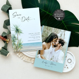 SELMA Palm Tree Save the Date Template with Photo, Beach Save the Dates, Destination Wedding Save the Date Template, Tropical Save the Dates