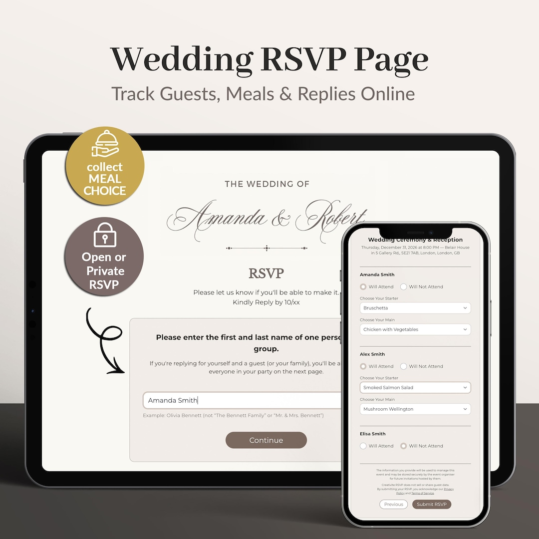 Online Wedding Rsvp Page for Menu Selection, Wedding Rsvp Digital Guest ...