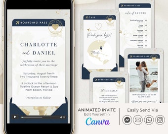 Destination Wedding Invitation Digital Video, Boarding Pass Wedding Invitation Video Template, Navy Wedding Invitation Boarding Pass Ticket