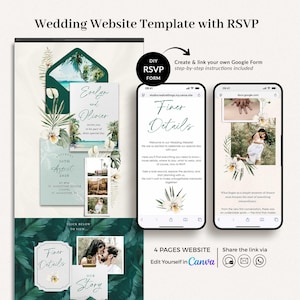 ISLA Tropical Wedding Website Canva Template, Beach Wedding Website with Rsvp Template, Envelope Wedding Website Green, Wedding Rsvp Website image 1