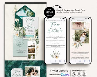 ISLA Tropical Wedding Website Canva Template, Beach Wedding Website with Rsvp Template, Envelope Wedding Website Green, Wedding Rsvp Website