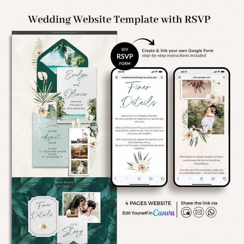 ISLA Tropical Wedding Website Canva Template, Beach Wedding Website with Rsvp Template, Envelope Wedding Website Green, Wedding Rsvp Website image 1