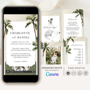 Animated Destination Wedding Invitation Video Template, Travel Wedding Invitation Tropical, Digital Destination Wedding Invitation Beach