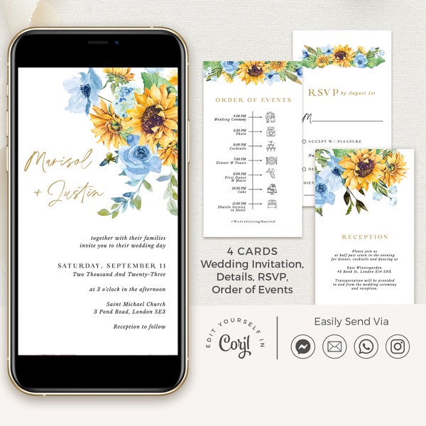 IVY Electronic Wedding Invitation Sunflower and Blue Roses, Dusty Blue Wedding Invitations Template downloads, Rustic Wedding Invite Digital