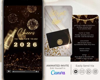 May include: A smartphone displays a New Year's Eve animated invitation with gold accents. The invitation includes the text "Cheers to the New Year! 2026" and details for a party in 2025. The design features fireworks and a champagne bottle.