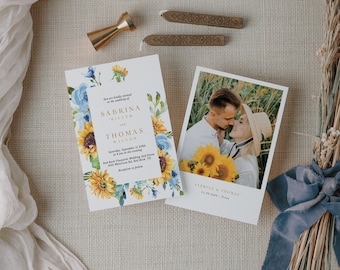 IVY Rustic Wedding Invitation Instant Download, Blue and Yellow Wedding Invitation Template, Wedding Invitations Sunflower and Blue Roses