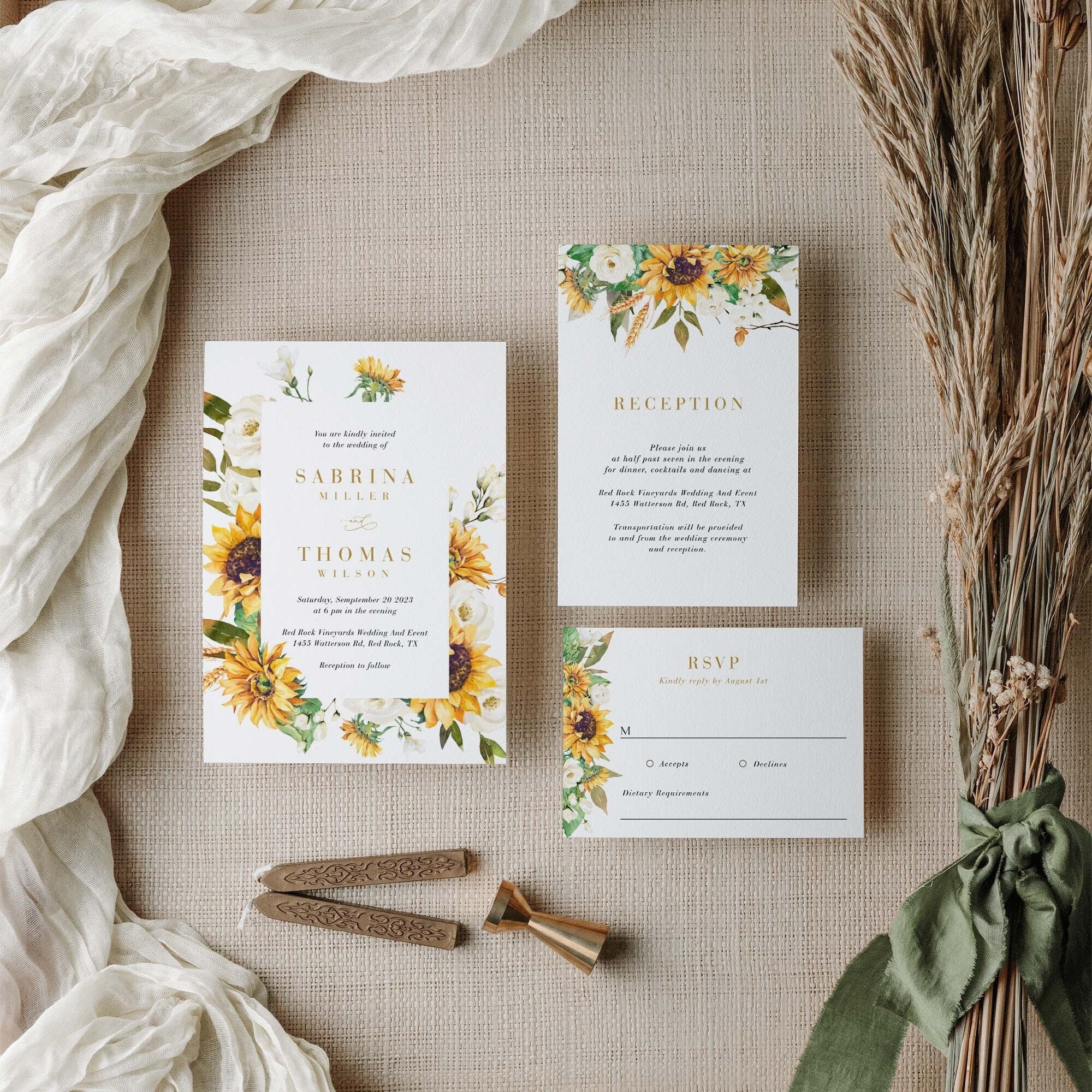 MARISOL Barn Wedding Invitation Template Set, Rustic Wedding Invitation Suite Download, Sunflower Wedding Invite, Yellow Wedding Invitation