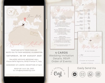 Sofia Travel Theme Wedding Invitation Template, Electronic Invitations, Destination Wedding Invitation Evite, World Map Digital Invitations