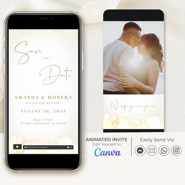 Gold Save the Date Video, Luxury Save the Date Digital Template Canva, Video Save the Date Elegant, Electronic Save the Date Animated