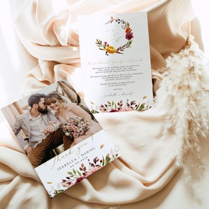 Cartes de remerciement pour mariage Ambra automne avec photo, cartes de remerciement bohèmes mariage imprimable, modèle de mariage cartes de remerciement personnalisées