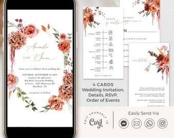 SCARLETT Burnt Orange Wedding Invitation Boho Chic, Electronic Wedding Invitation, Digital Wedding Invitation Bundle, Fall Wedding Invites