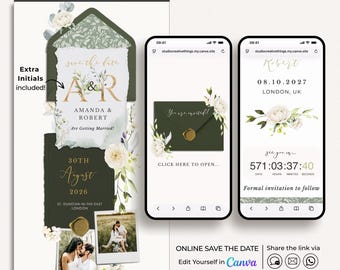 Sage Green Save the Date Website, Rustic Save the Date Wedding Website Template Canva, Greenery Olive Green Save the Date Digital Download