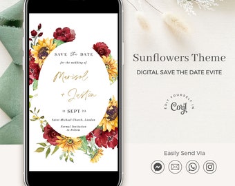 RUBY Fall Save the Date Mobile, Red Roses and Sunflower Save the Date, Rustic Save the Date Template, Digital Save the Date Template Wedding