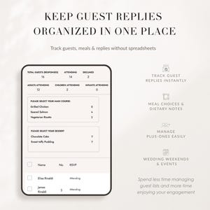May include: A digital guest management interface displaying RSVP tracking with sections for total guests, meal choices, and dessert selections. The screen shows attendee names, counts for grilled chicken, salmon, and risotto, and text headers for organizing guest replies without spreadsheets.