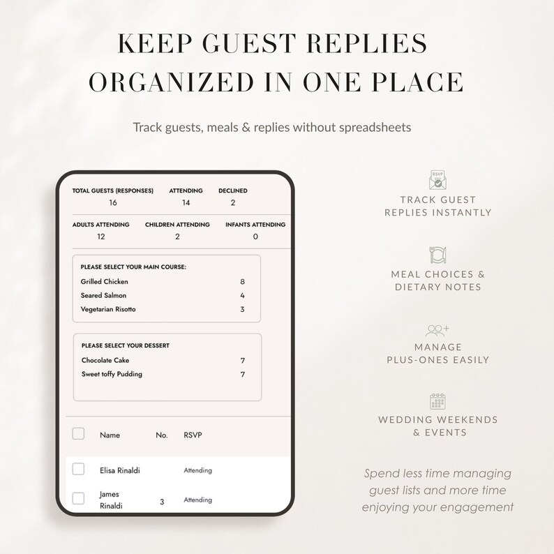 May include: A digital guest management interface displaying RSVP tracking with sections for total guests, meal choices, and dessert selections. The screen shows attendee names, counts for grilled chicken, salmon, and risotto, and text headers for organizing guest replies without spreadsheets.