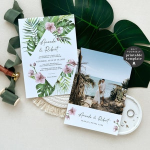 Hawaii Wedding Invitation Template, Tropical Elegant Wedding Invitation, Monstera Wedding Invite Template, Destination Wedding Invitation