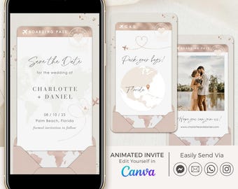 Animated Save the Date Boarding Pass, Rose Gold Save the Date Destination Wedding, Travel Save the Date Video Template, Abroad Save the Date