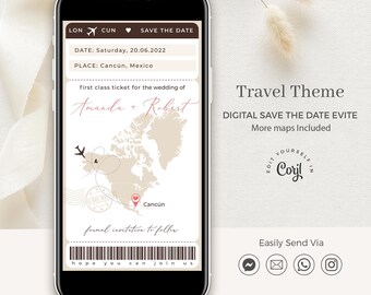 Sofia Boarding Pass Save the Date Electronic Invitations, Boarding Pass Invitation Evite, World Map Invite, Travel Themed Wedding Invitation