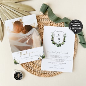 Tropical Wedding Thank You Cards with Photo Template, Printable Wedding Thank You Card Template, Wedding Photo Thank You Cards Beach Wedding