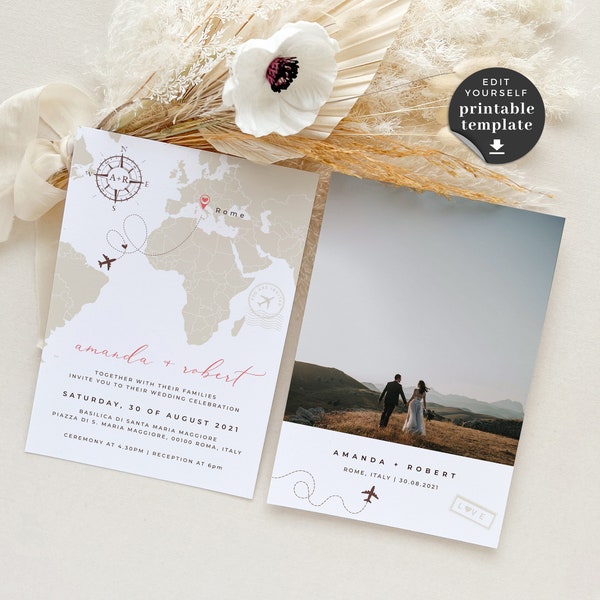 SOFIA Destination Wedding Invitation Template with Photo, Travel Theme Wedding Invitations, World Map Wedding Invitation Template Download