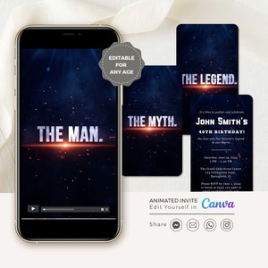 Animated 40 Birthday Invitation for Men, Surprise Birthday Invitation for Men, the Man the Myth the Legend Invitation video, 40th invite
