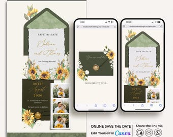Sunflower Save the Date Wedding Website Template, Yellow Save the Date Online, Rustic Save the Date Website Canva, Digital Save the Date