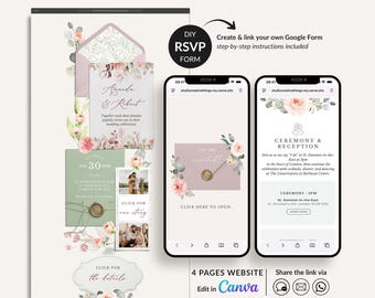 Green and Pink Wedding Website Template with Rsvp, Blush Wedding Website Invitation Canva Template, Wedding Invitation Website Template
