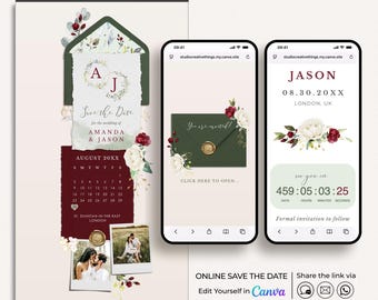 Burgundy Save the Date Website Template Canva, Burgundy & Olive Green Wedding Website Save the Date, Digital Save the Date with Envelope