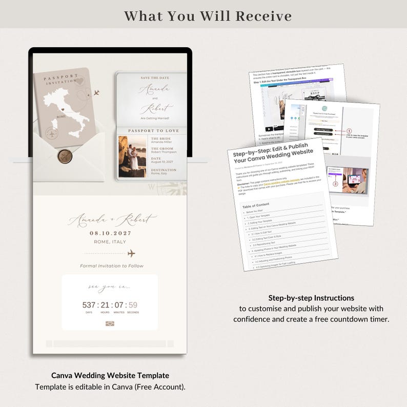 Destination Save the Date Website Canva, Passport Style Save the Date Website Template, Canva Digital Invitation Template Travel Theme image 4