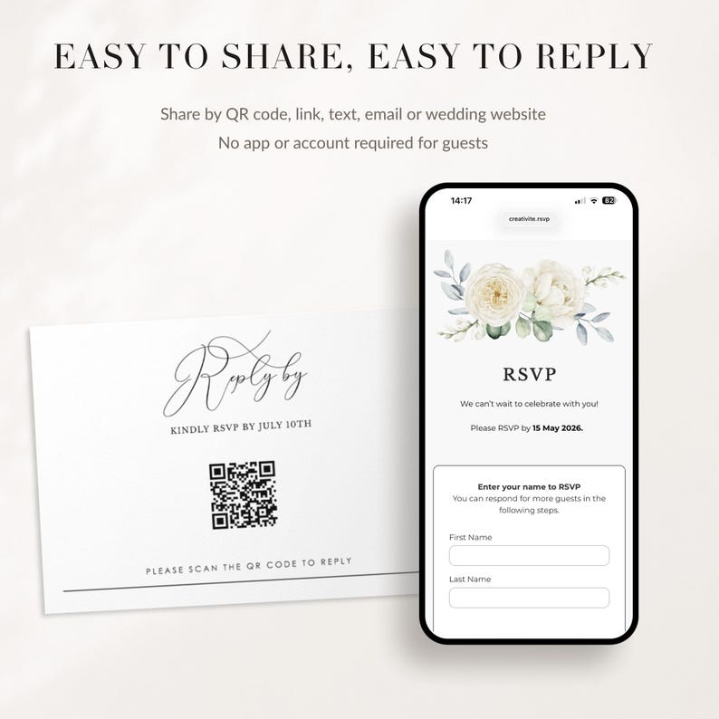May include: A white RSVP card with black text reading Reply by and Kindly RSVP by July 10th, featuring a QR code. Beside it, a smartphone displays a digital RSVP form with a floral illustration, the text RSVP, and fields for first and last name.