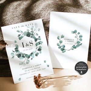 LUISA Eukalyptus Save the Date Karten druckbare, rustikale Save the Date Vorlage Download, Greenery Save the Date Vorlage mit Foto