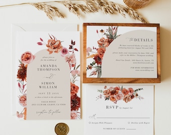 SCARLETT Boho Wedding Invitation Suite Template Download, Fall Wedding Invitation Suites Florals, Burnt Orange Wedding Invitation Template