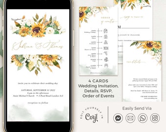 MARISOL Rustic Sunflower Wedding Invitation Digital, Sunflower Wedding Invitation Set, Sunflower and Roses Wedding Invitation Template