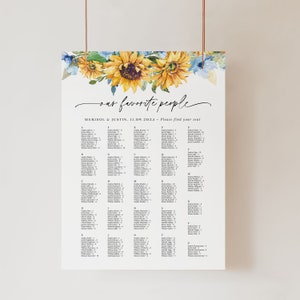 IVY zonnebloem zitplaatsen grafiek sjabloon alfabetisch, bloemen zitplaatsen grafiek sjabloon, afdrukbare alfabetische zitplaatsen grafiek bruiloft rustiek