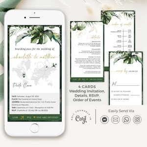 Palma | Tropical Wedding Invitation Boarding Pass, Digital Wedding Invitation with Rsvp, Destination Wedding Invitation Template Download