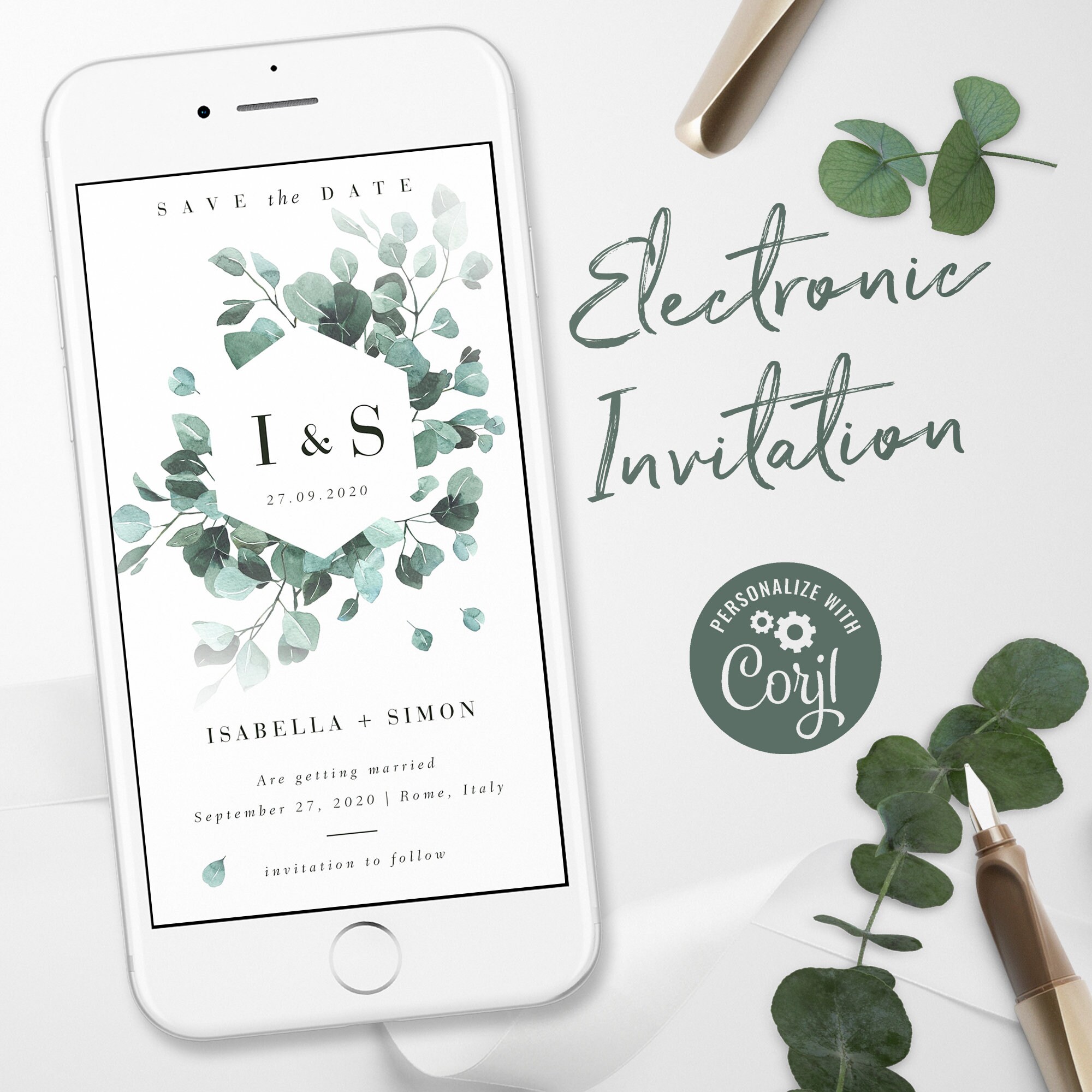 Luisa Eucalyptus Electronic Save The Date Rustic Save The Etsy