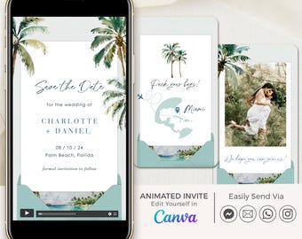 Palm Tree Save the Date Boarding Pass, Tropical Save the Date Video Invitation Template, Beach Save the Date Destination Wedding Animated