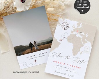 Sofia | travel theme save the date cards, destination wedding save the dates, world map save the date with photo, save the date templates