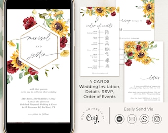 RUBY Rustic Wedding Invitation Digital, Electronic Wedding Invitation and Rsvp, Sunflower Wedding Invites Suite, Fall Wedding Invitation Set