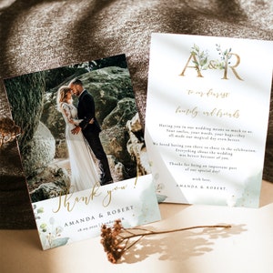 FLORA Biglietti di ringraziamento per matrimonio con foto, biglietti di ringraziamento nel verde, modello di biglietto di ringraziamento per matrimonio, modello di matrimonio per biglietti di ringraziamento rustici