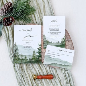 GAIA Forest Wedding Invitation Template Set, Woodland Wedding Invitation Suite Template, Pine Tree Wedding Invitation with Mountains