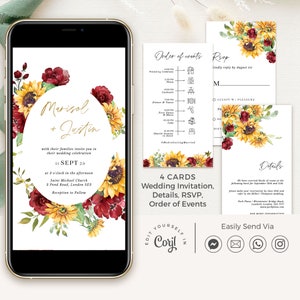 Invitación de boda de rosas rojas y girasoles RUBY, descarga digital de invitación de boda rústica, plantilla de invitación de boda de otoño rústico