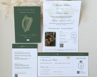 Sofia | Sage Green Passport Wedding Invitation Template, Ireland Wedding Invitation Destination, Irish Passport Wedding Invitation Printable